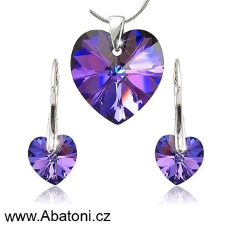 Swarovski Elements Heart krystal 18+10mm - Stříbrná sada (set, souprava) náušnice a přívěsek s řetízkem fialové srdce, srdíčko 39003.5 Heliotrope (fialová, modrá, duhová)