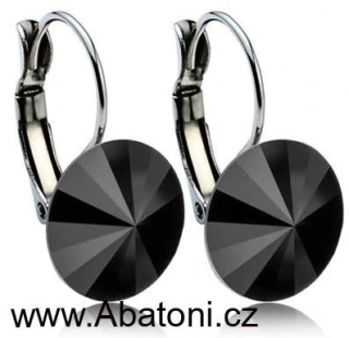 Swarovski Elements Rivoli vlepený krystal 12mm - Stříbrné náušnice visací černé kulaté 31106.3 Jet (černá)