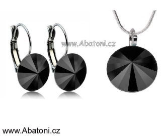 Swarovski Elements Rivoli vlepený krystal 14+12mm - Stříbrná sada (set, souprava) náušnice a přívěsek s řetízkem černé kulaté 39140.5 Jet (černá)