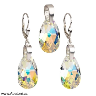 Swarovski Elements Pear krystal 16+16mm - LUXUSNÍ Stříbrná sada (set, souprava) náušnice a přívěsek s řetízkem bílá duhová slza, kapka 39049.2 Crystal AB (bílá, křišťálová, duhová, měňavá)