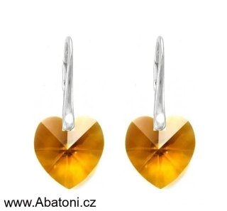 Swarovski Elements Heart krystal 18mm - Stříbrné náušnice visací oranžové srdce, srdíčka 31125.1 Topaz (žluto-oranžová, jantarová)