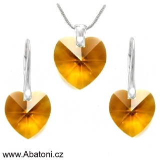 Swarovski Elements Heart krystal 18+14mm - Stříbrná sada (set, souprava) náušnice a přívěsek s řetízkem oranžové srdce, srdíčko 39003.2 Topaz (žluto-oranžová, jantarová)