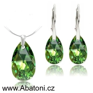 Swarovski Elements Pear krystal 22+16mm - Stříbrná sada (set, souprava) náušnice a přívěsek s řetízkem zelená slza, kapka 39167.3 Peridot (zelená světlá)