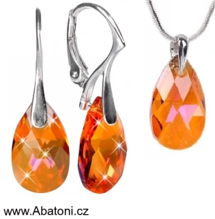 Swarovski Elements Pear krystal 16+16mm - Stříbrná sada (set, souprava) náušnice a přívěsek s řetízkem oranžová zlatá slza, kapka 39169.4 Astral Pink (oranžová, oranžovo růžová)