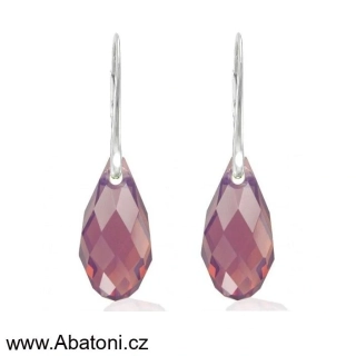 Swarovski Elements Briolette krystal 13mm - Stříbrné náušnice visací fialová slza, kapky 31242.3 Cyclamen Opal (fialovo růžová, opálově mléčná bordó)