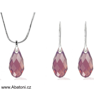 Swarovski Elements Briolette krystal 13mm - Stříbrná sada (set, souprava) náušnice a přívěsek s řetízkem fialová slza, kapka 39169.4 Cyclamen Opal (fialovo růžová, opálově mléčná bordó)