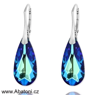 Swarovski Elements Teardrop krystal 24mm - Stříbrné náušnice visací modrá slza, kapky 31215.5 Bermuda Blue (modrá, mořská, duhová, měňavá)