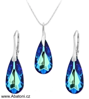 Swarovski Elements Teardrop krystal 24mm - Stříbrná sada (set, souprava) náušnice a přívěsek s řetízkem modrá slza, kapka 39169.4 Bermuda Blue (modrá, mořská, duhová, měňavá)