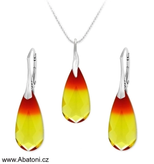 Swarovski Elements Teardrop krystal 24mm - Stříbrná sada (set, souprava) náušnice a přívěsek s řetízkem žluto oranžová slza, kapka 39169.4 Fire Opal (oranžovo žluto červená, ohnivá)