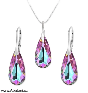 Swarovski Elements Teardrop krystal 24mm - Stříbrná sada (set, souprava) náušnice a přívěsek s řetízkem fialová slza, kapka 39169.4 Vitrail Light (růžová, fialová, tyrkysová, duhová)