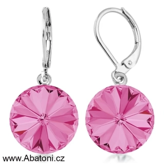 Swarovski Elements Rivoli vlepený krystal 12mm - Ocelové náušnice visací bimbací růžové kulaté 31106.3 Rose (růžová)