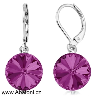 Swarovski Elements Rivoli vlepený krystal 12mm - Ocelové náušnice visací bimbací růžové kulaté 31106.3 Fuchsia (růžová tmavá, fuchsiová)