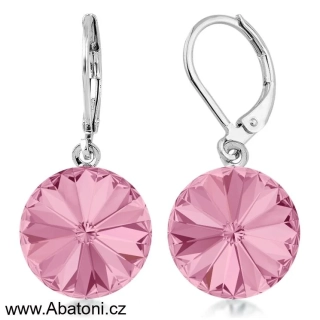 Swarovski Elements Rivoli vlepený krystal 12mm - Ocelové náušnice visací bimbací růžové kulaté 31106.3 Light Rose (růžová světlá)