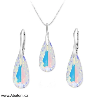 Swarovski Elements Teardrop krystal 24mm - Stříbrná sada (set, souprava) náušnice a přívěsek s řetízkem bílá duhová slza, kapka 39049.2 Crystal AB (bílá, křišťálová, duhová, měňavá)