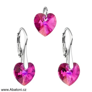 Swarovski Elements Heart krystal 10mm - Stříbrná sada (set, souprava) náušnice a přívěsek růžové srdce, visací srdíčko 39003.4 (růžová tmavá, fuchsiová)