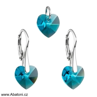 Sada šperků s krystaly Swarovski náušnice a přívěsek modrá srdce 39003.3 Heart krystal visací Blue Zircon (modrozelená, tmavá tyrkysová)