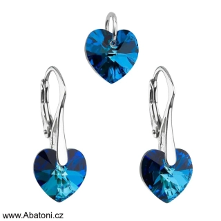 Sada šperků s krystaly Swarovski náušnice a přívěsek modrá srdce 39003.5 Heart krystal visací Bermuda Blue (modrá, mořská, duhová)