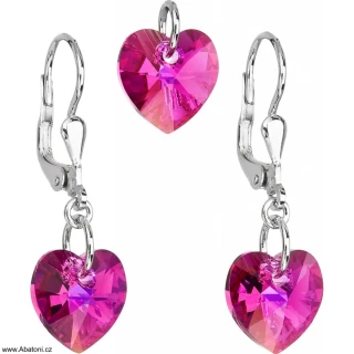 Swarovski Elements Heart krystal 10mm - Stříbrná sada (set, souprava) náušnice a přívěsek růžové srdce, visací BIMBACÍ srdíčko 39003.4 (růžová tmavá, fuchsiová)