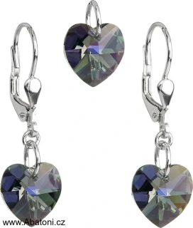 Sada šperků s krystaly Swarovski náušnice a přívěsek šedo černá srdce 39003.4 Heart krystal visací bimbací Silver Night (černá, šedá, duhová)