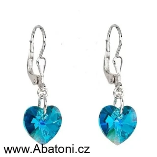 Swarovski Elements Heart krystal 10mm - Stříbrné náušnice visací bimbací modré srdce, srdíčka 31012.4 Blue Zircon (modrozelená, tmavá tyrkysová)