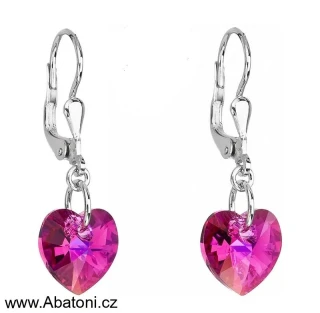 Swarovski Elements Heart krystal 10mm - Stříbrné náušnice visací bimbací růžové srdce, srdíčka 31012.4 Fuchsia (růžová tmavá, fuchsiová)
