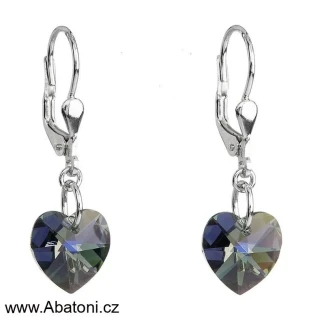 Swarovski Elements Heart krystal 10mm - Stříbrné náušnice visací bimbací černo šedé srdce, srdíčka 39003.4 Silver Night (černá, šedá, duhová)