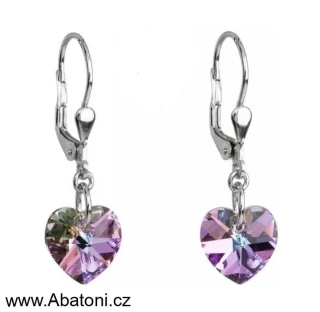 Swarovski Elements Heart krystal 10mm - Stříbrné náušnice visací bimbací fialové srdce, srdíčka 31012.5 Vitrail Light (růžová, fialová, tyrkysová, duhová)