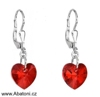 Swarovski Elements Heart krystal 10mm - Stříbrné náušnice visací bimbací červené srdce, srdíčka 51043.3 Light Siam (červená)